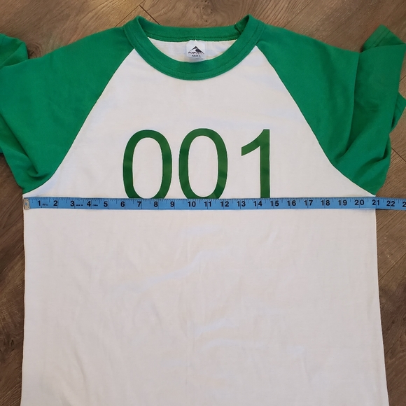 Custom made 001 shirt. Green and white with raglan short sleeves. Large unisex - Picture 9 of 12